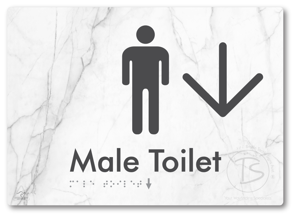 Male Toilet with Large Directional Arrow - Braille Tactile Signs Aust.