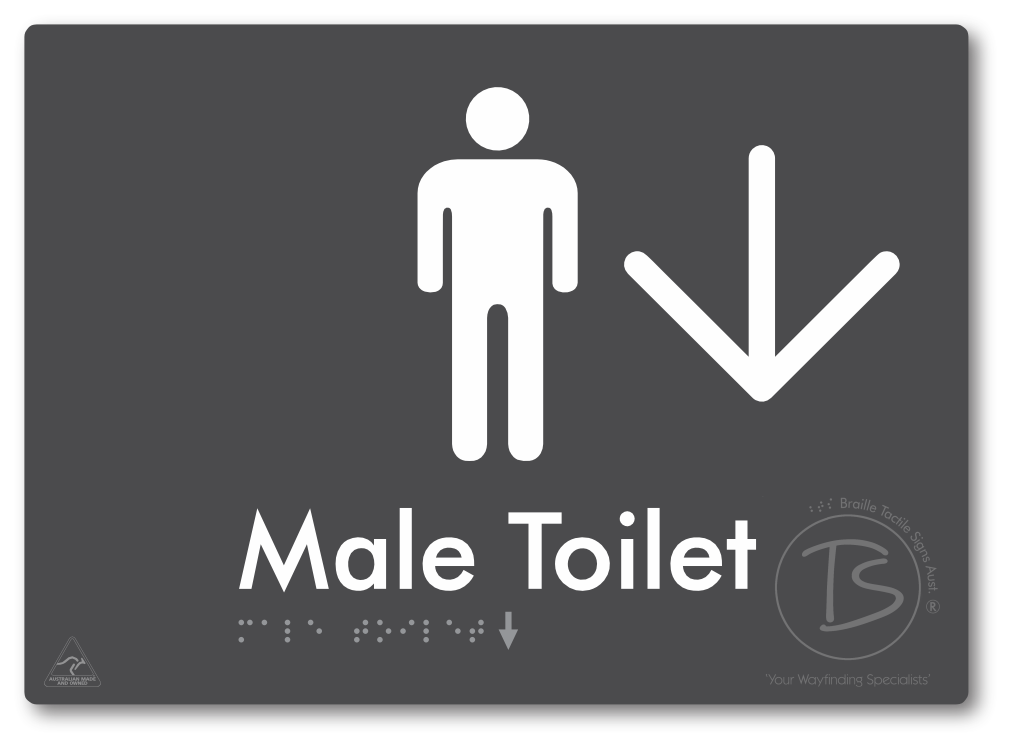 Male Toilet with Large Directional Arrow - Braille Tactile Signs Aust.