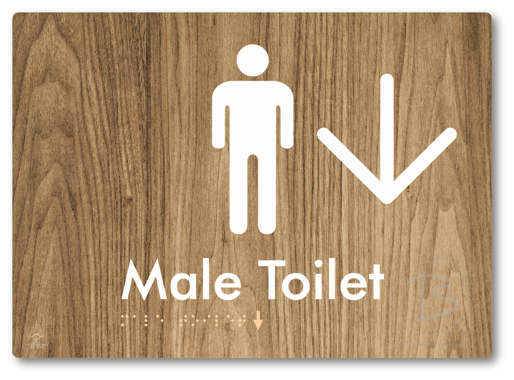 Male Toilet with Large Directional Arrow - Braille Tactile Signs Aust.
