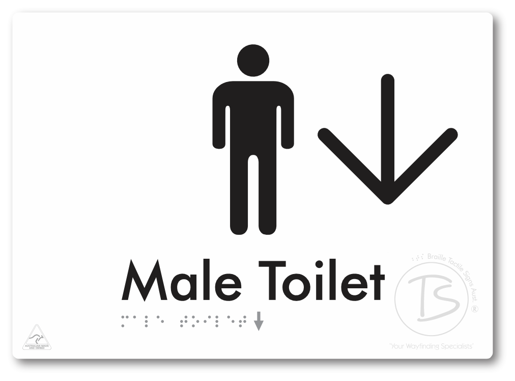 Male Toilet with Large Directional Arrow - Braille Tactile Signs Aust.