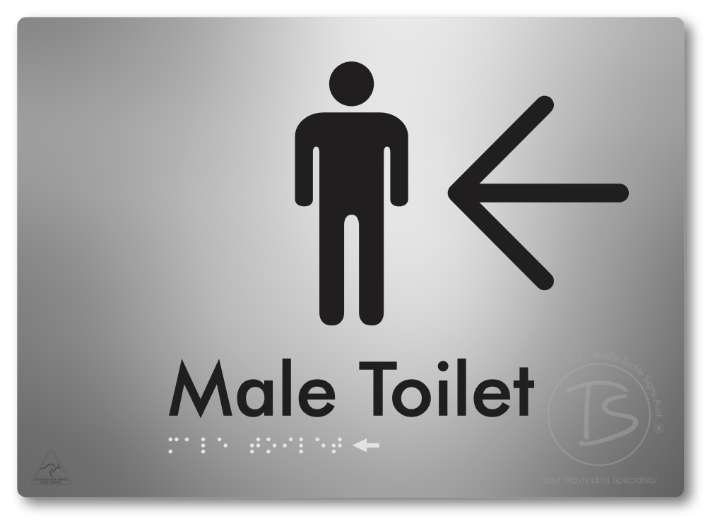 Male Toilet with Large Directional Arrow - Braille Tactile Signs Aust.