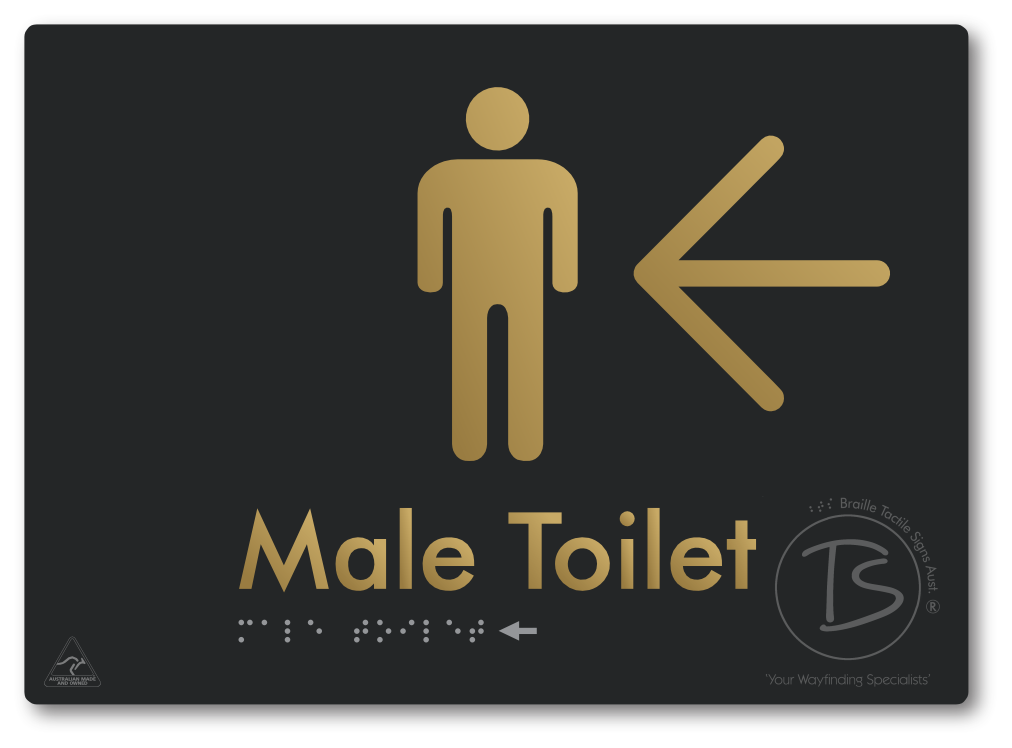 Male Toilet with Large Directional Arrow - Braille Tactile Signs Aust.