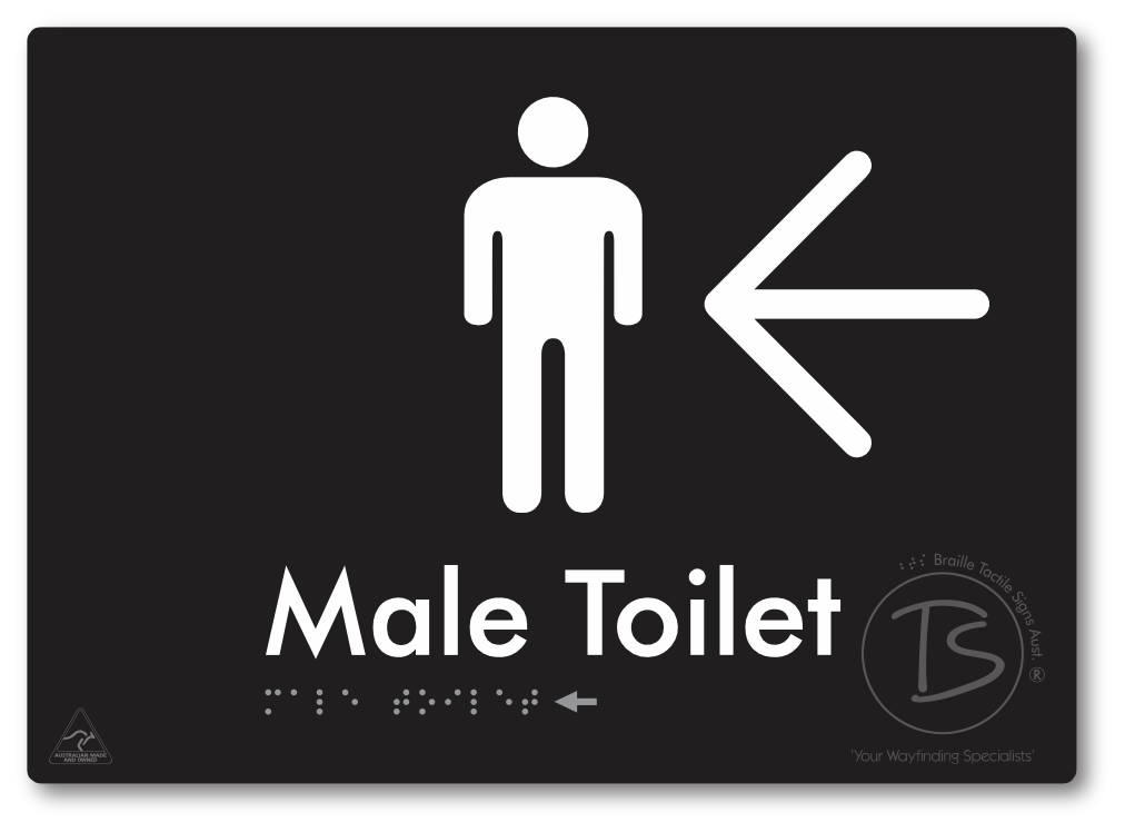 Male Toilet with Large Directional Arrow - Braille Tactile Signs Aust.
