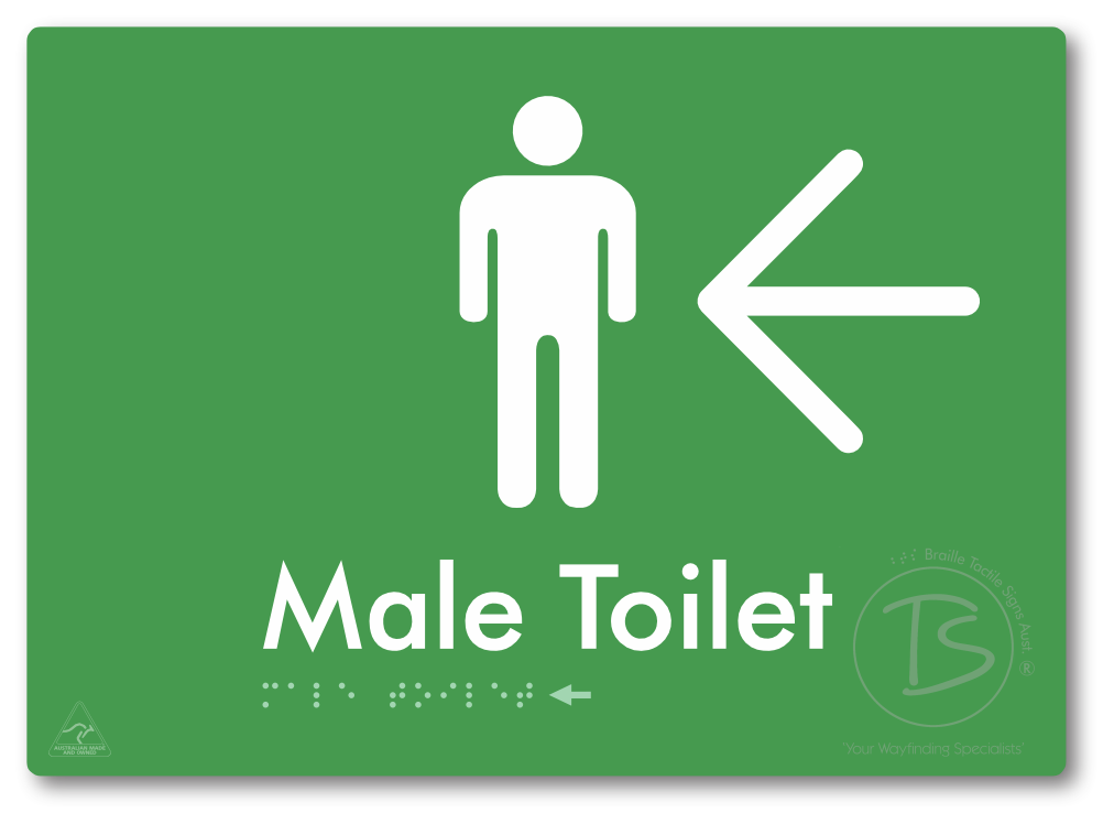 Male Toilet with Large Directional Arrow - Braille Tactile Signs Aust.