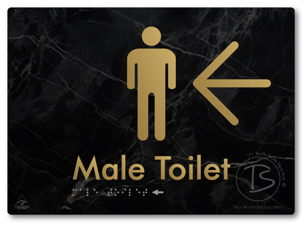 Male Toilet with Large Directional Arrow - Braille Tactile Signs Aust.