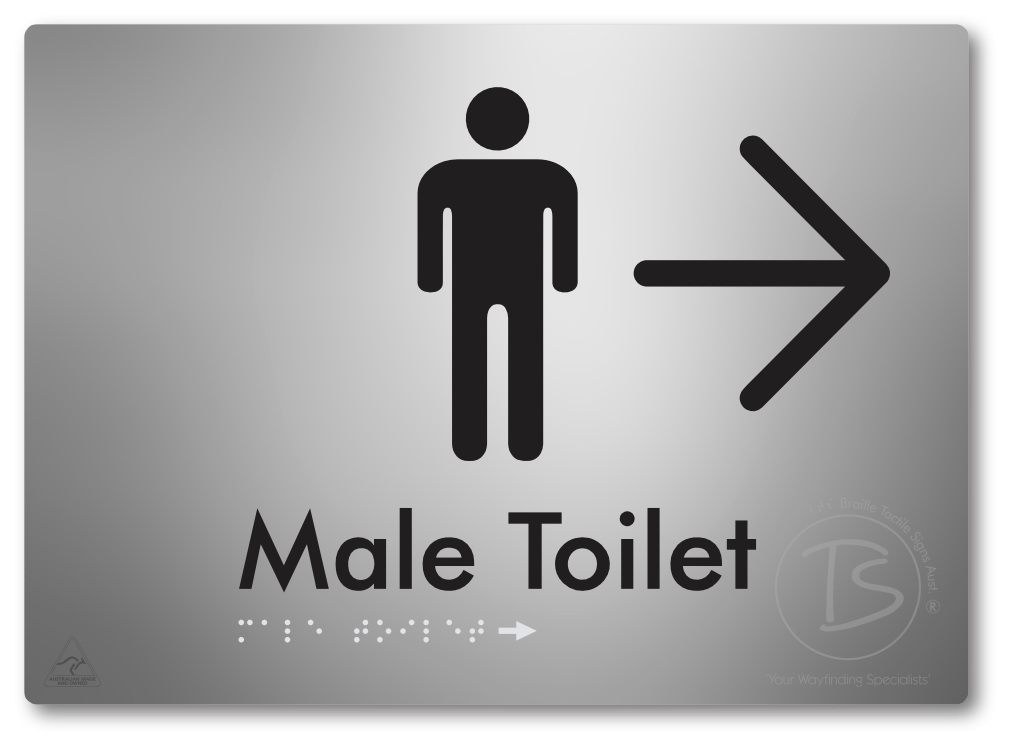 Male Toilet with Large Directional Arrow - Braille Tactile Signs Aust.