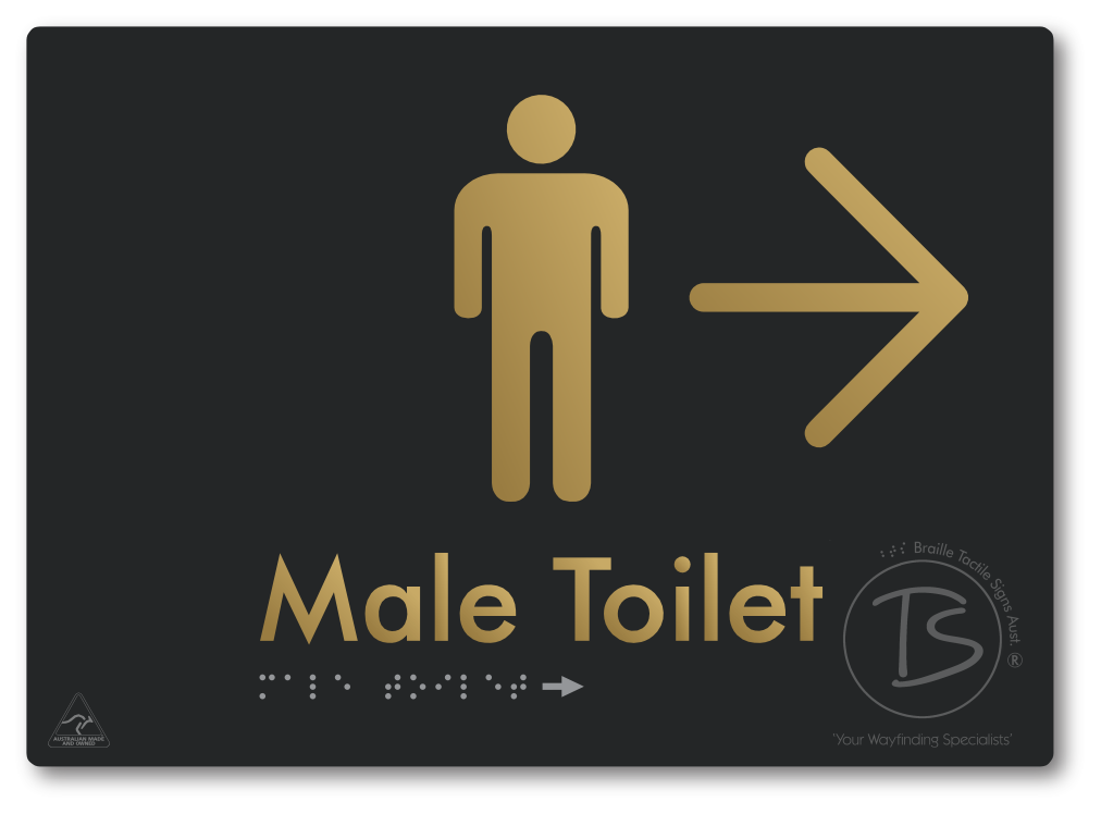 Male Toilet with Large Directional Arrow - Braille Tactile Signs Aust.