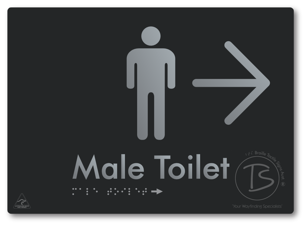 Male Toilet with Large Directional Arrow - Braille Tactile Signs Aust.