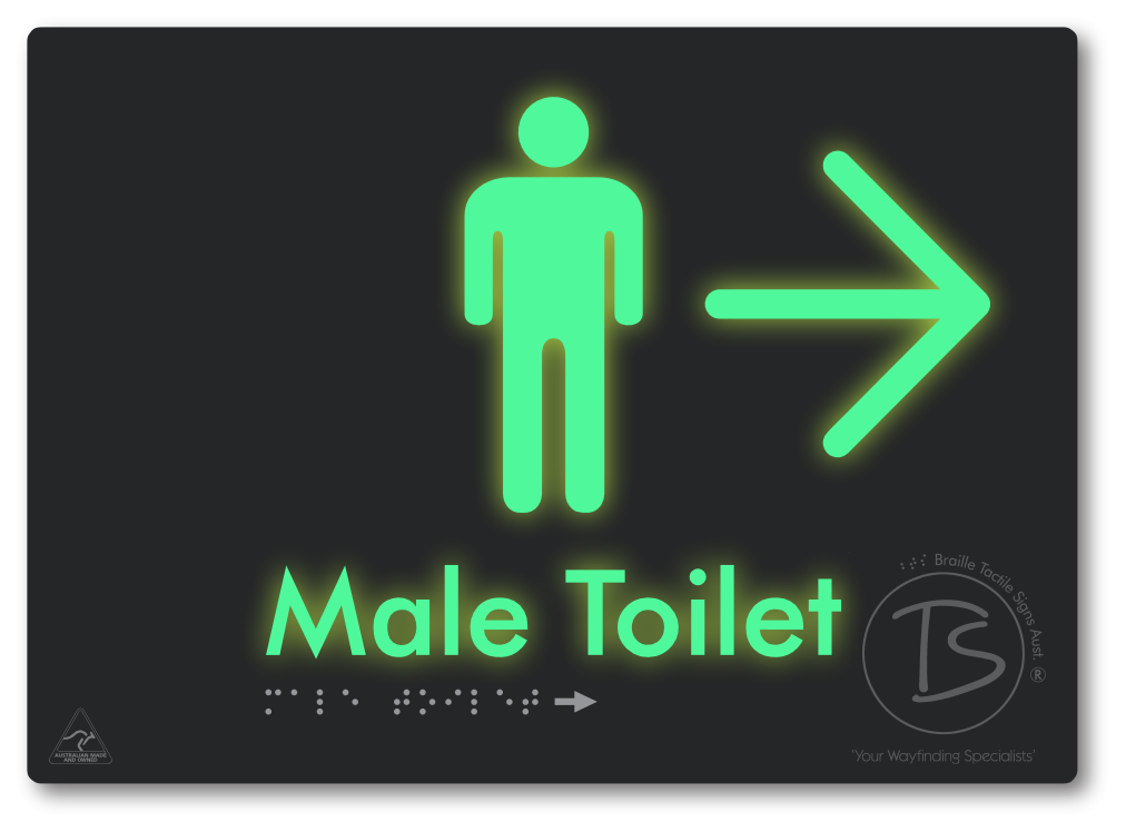 Male Toilet with Large Directional Arrow - Braille Tactile Signs Aust.