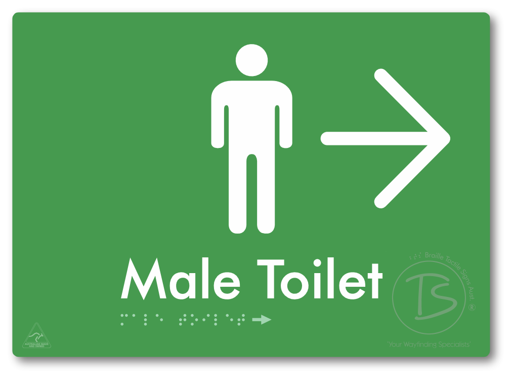 Male Toilet with Large Directional Arrow - Braille Tactile Signs Aust.