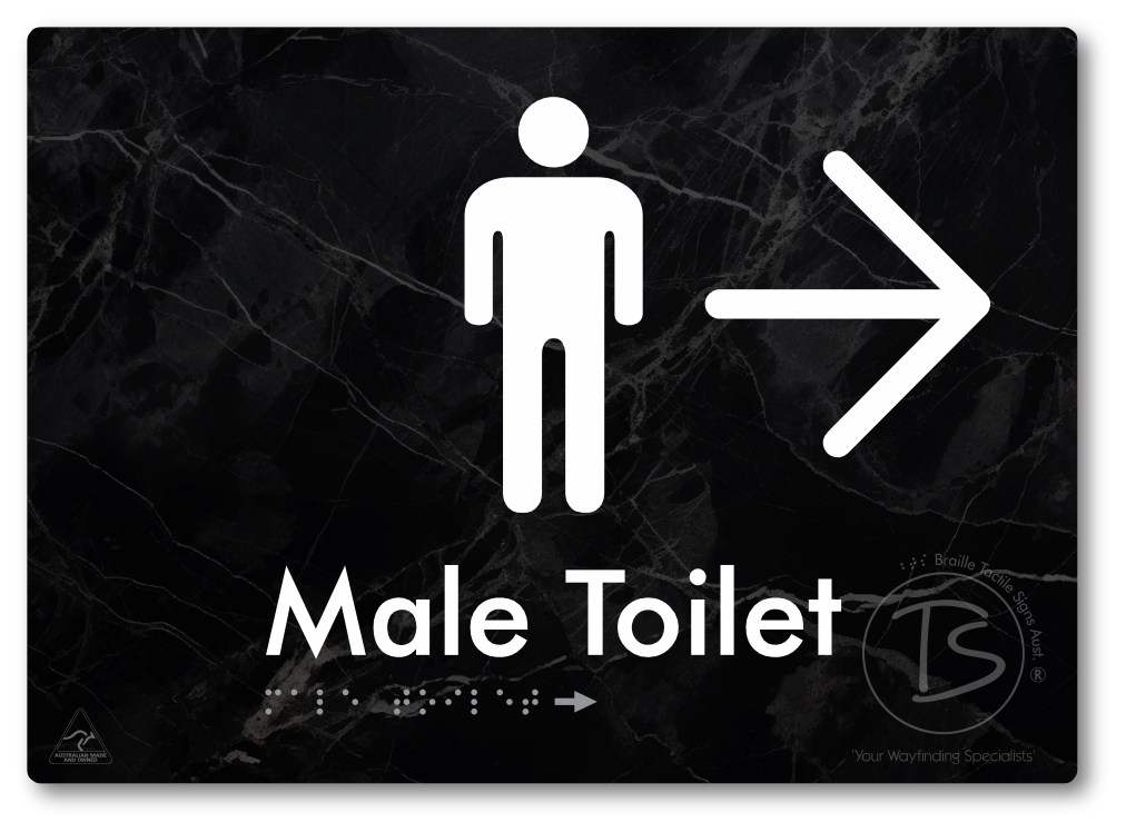 Male Toilet with Large Directional Arrow - Braille Tactile Signs Aust.