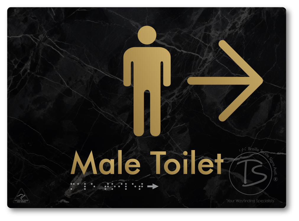 Male Toilet with Large Directional Arrow - Braille Tactile Signs Aust.