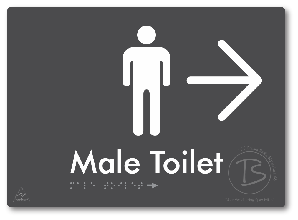 Male Toilet with Large Directional Arrow - Braille Tactile Signs Aust.
