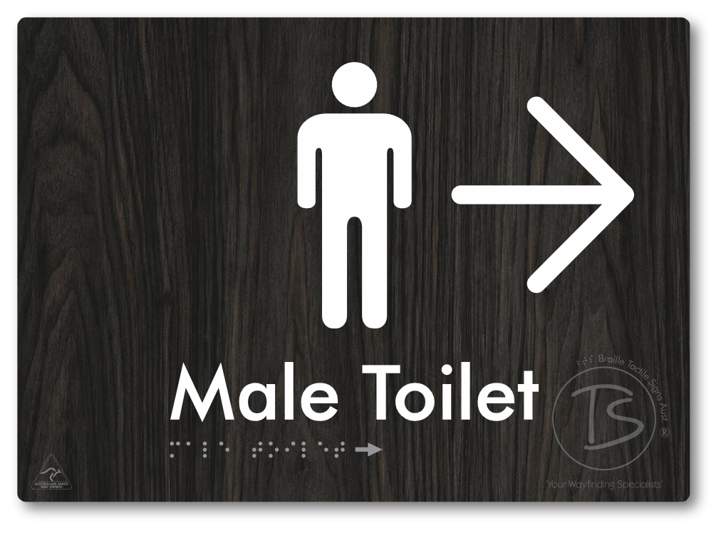 Male Toilet with Large Directional Arrow - Braille Tactile Signs Aust.