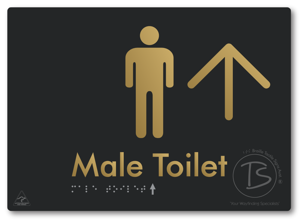 Male Toilet with Large Directional Arrow - Braille Tactile Signs Aust.