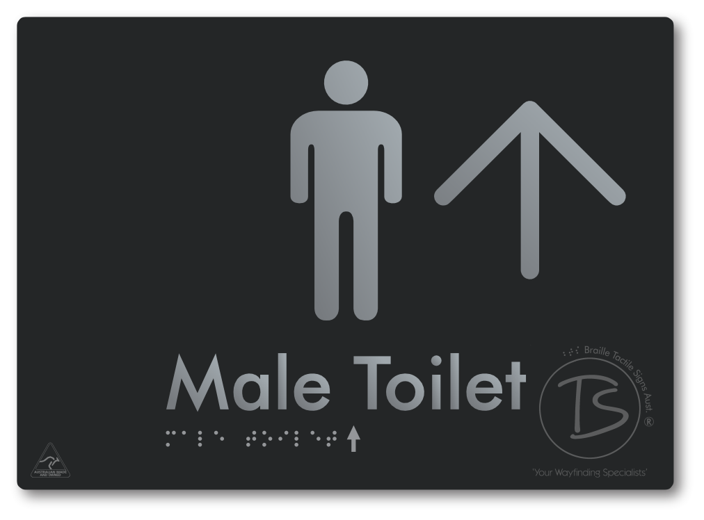 Male Toilet with Large Directional Arrow - Braille Tactile Signs Aust.