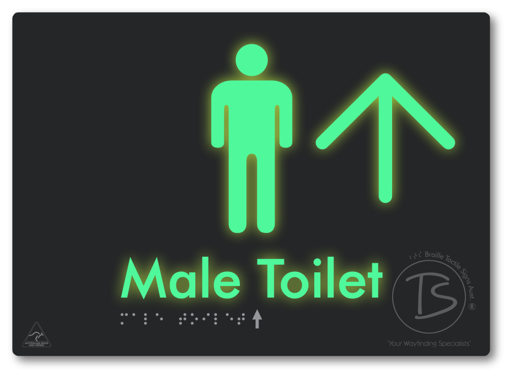 Male Toilet with Large Directional Arrow - Braille Tactile Signs Aust.