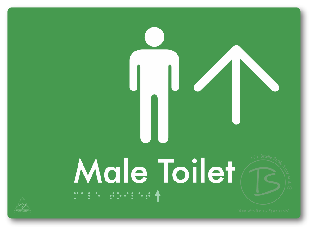 Male Toilet with Large Directional Arrow - Braille Tactile Signs Aust.