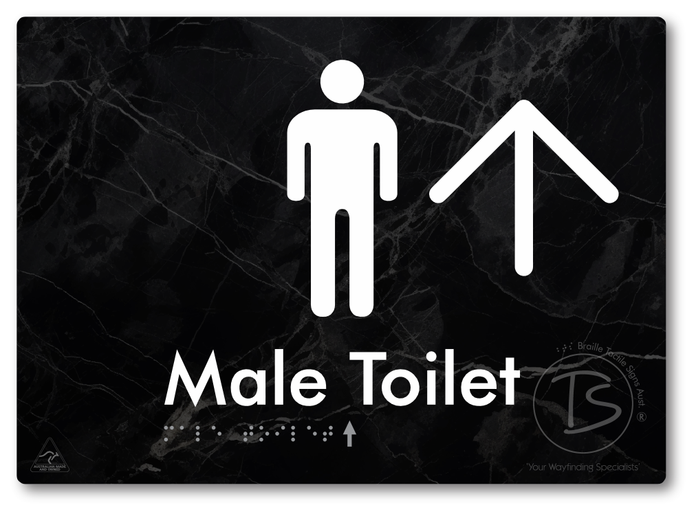 Male Toilet with Large Directional Arrow - Braille Tactile Signs Aust.