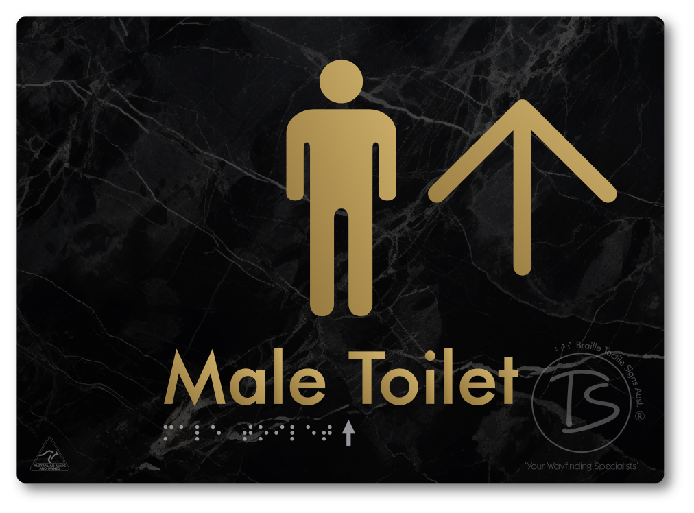 Male Toilet with Large Directional Arrow - Braille Tactile Signs Aust.