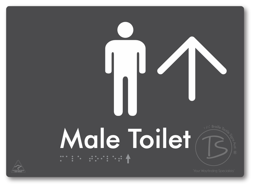 Male Toilet with Large Directional Arrow - Braille Tactile Signs Aust.