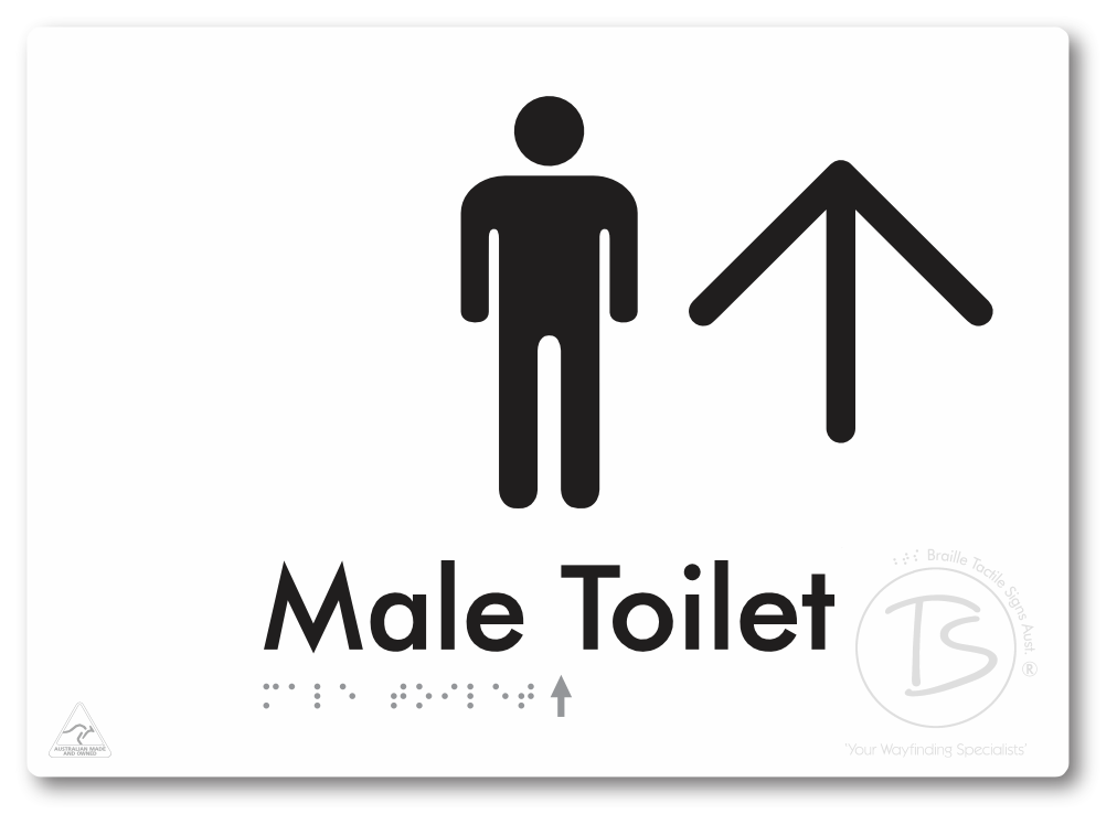 Male Toilet with Large Directional Arrow - Braille Tactile Signs Aust.