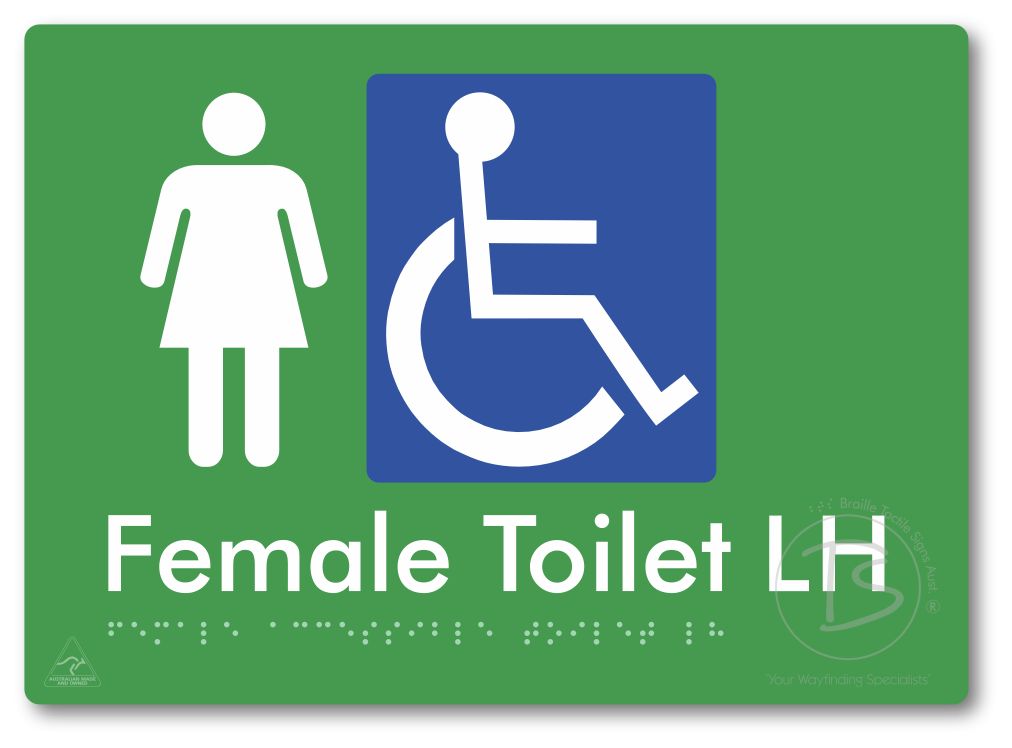 Female Accessible Toilet LH or RH - Braille Tactile Signs Aust.