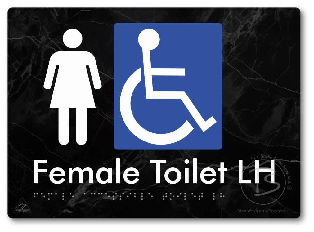 Female Accessible Toilet LH or RH - Braille Tactile Signs Aust.
