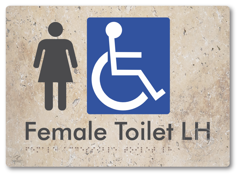 Female Accessible Toilet LH or RH - Braille Tactile Signs Aust.