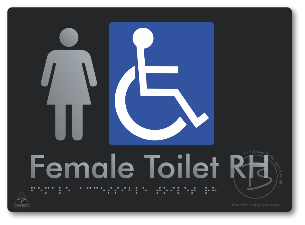 Female Accessible Toilet LH or RH - Braille Tactile Signs Aust.
