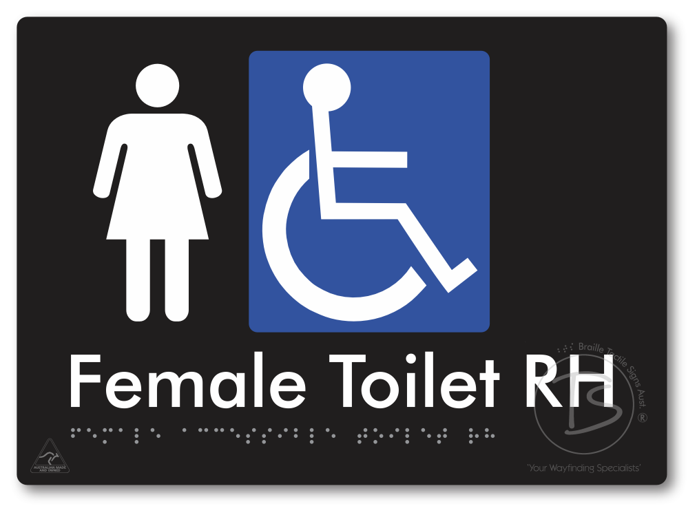 Female Accessible Toilet LH or RH - Braille Tactile Signs Aust.