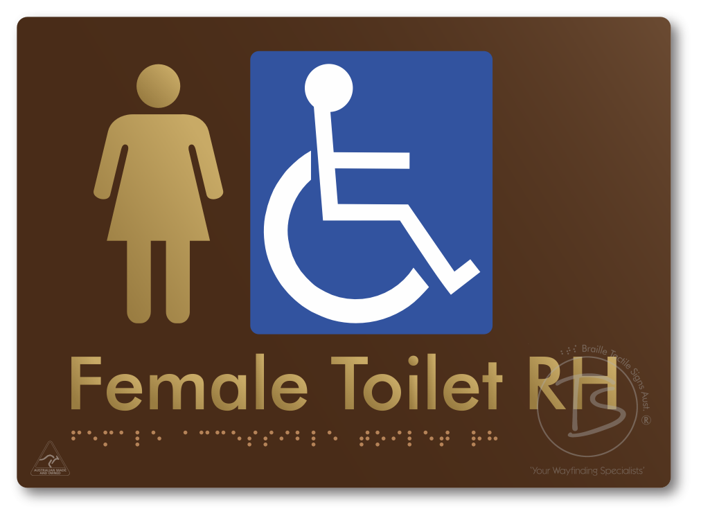 Female Accessible Toilet LH or RH - Braille Tactile Signs Aust.