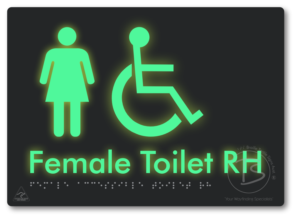 Female Accessible Toilet LH or RH - Braille Tactile Signs Aust.