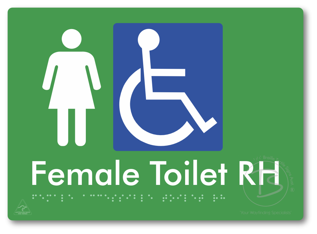 Female Accessible Toilet LH or RH - Braille Tactile Signs Aust.
