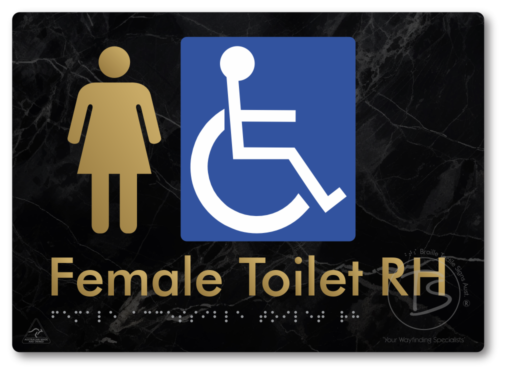 Female Accessible Toilet LH or RH - Braille Tactile Signs Aust.