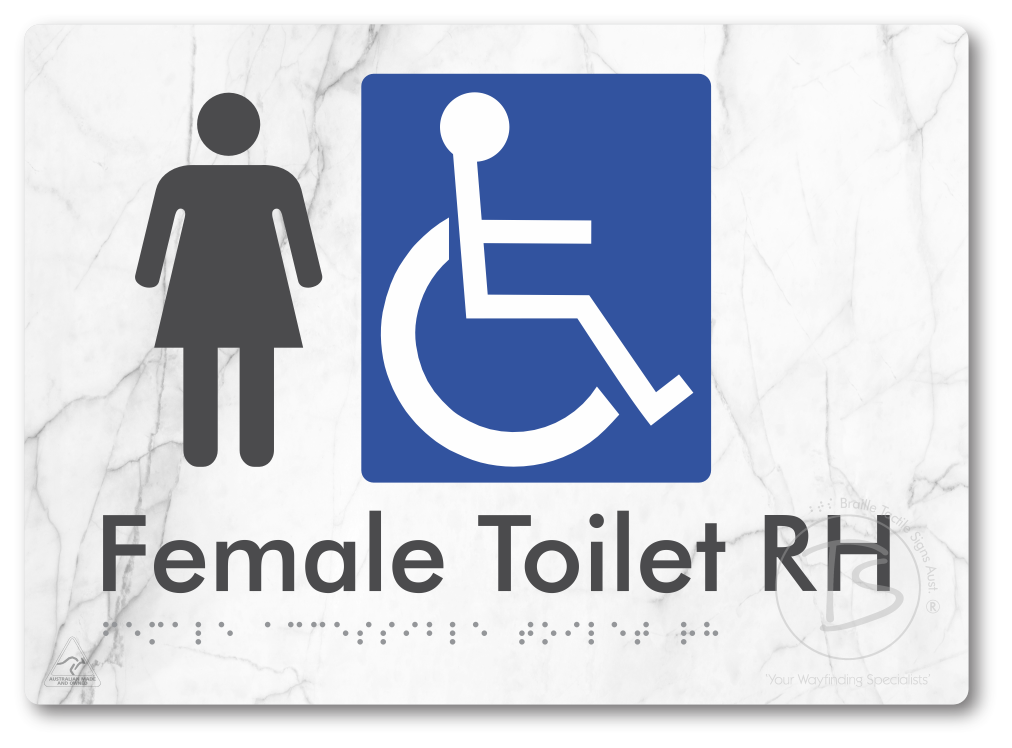 Female Accessible Toilet LH or RH - Braille Tactile Signs Aust.
