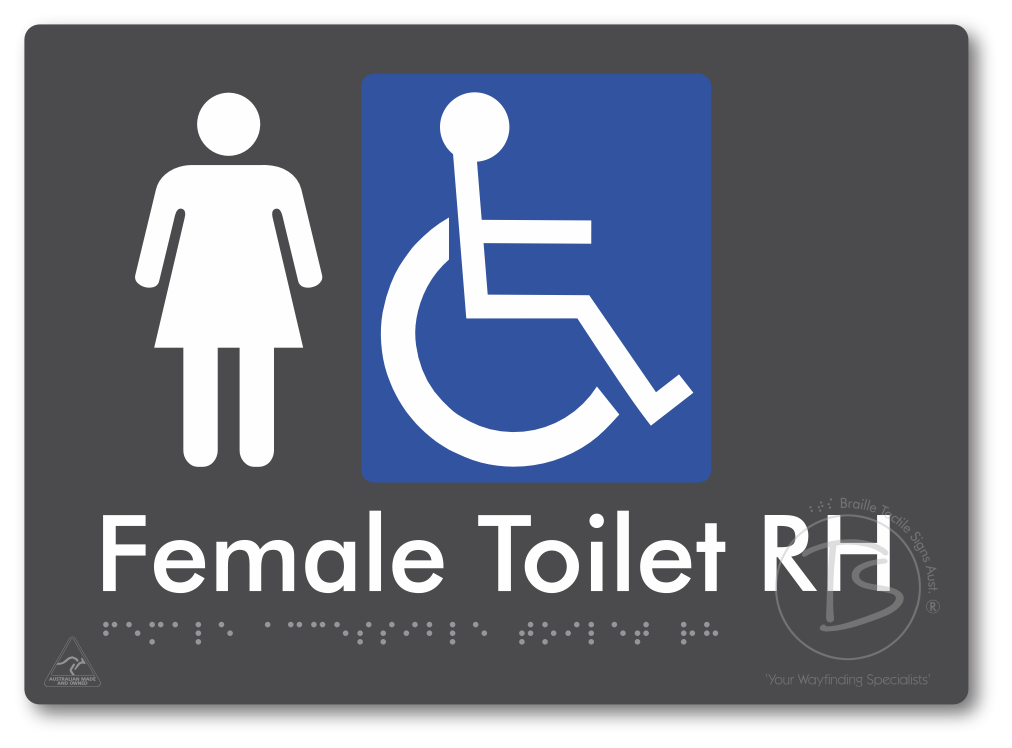Female Accessible Toilet LH or RH - Braille Tactile Signs Aust.