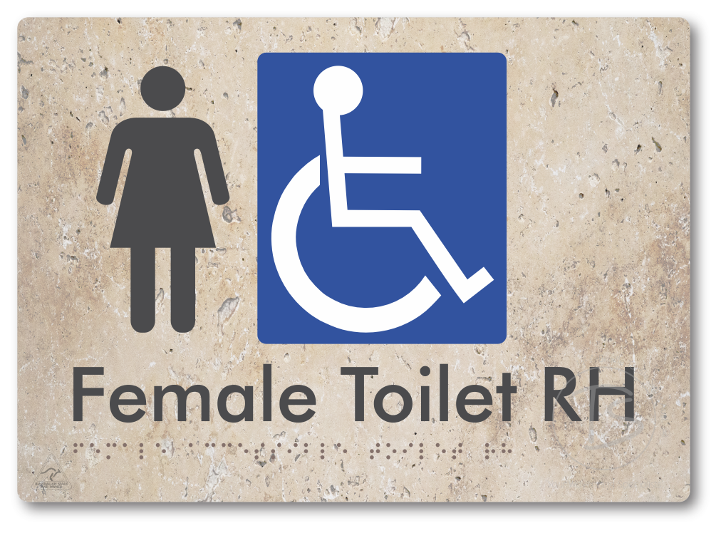 Female Accessible Toilet LH or RH - Braille Tactile Signs Aust.