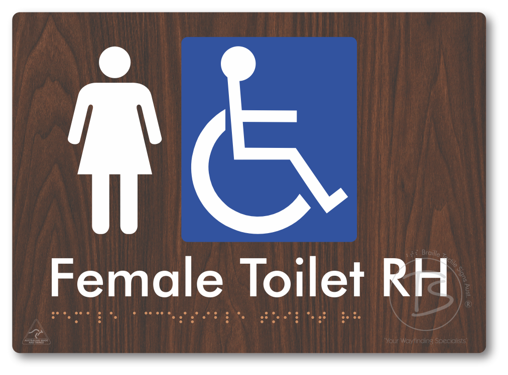 Female Accessible Toilet LH or RH - Braille Tactile Signs Aust.