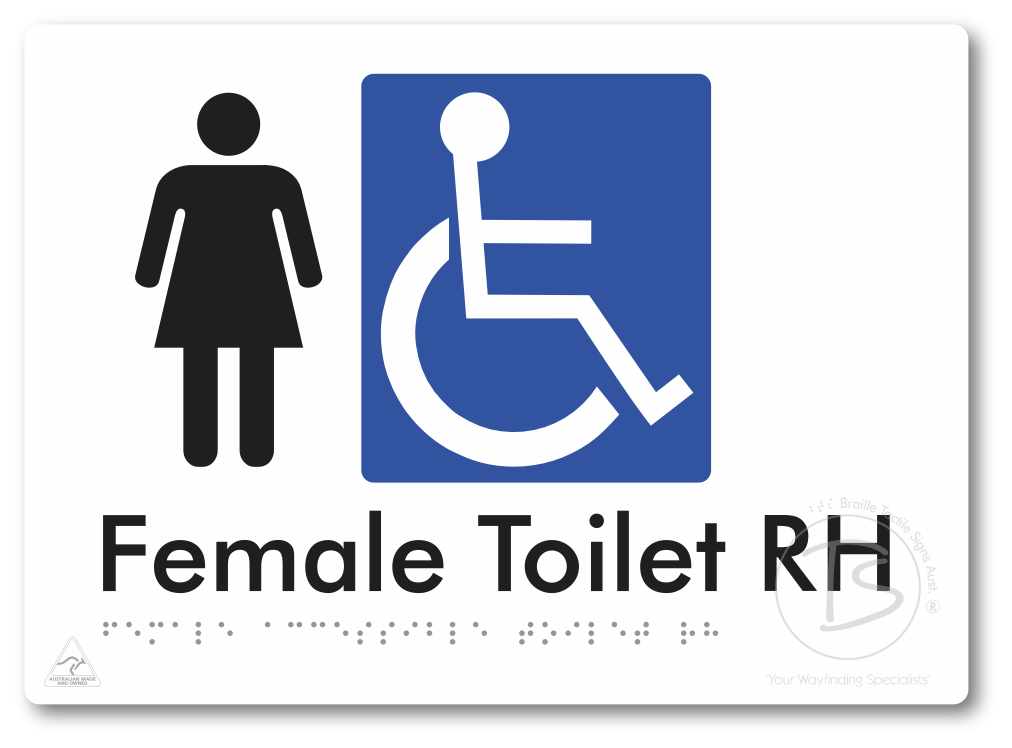 Female Accessible Toilet LH or RH - Braille Tactile Signs Aust.
