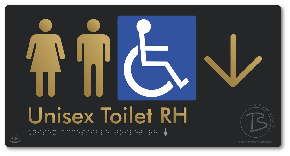 Unisex Accessible Toilet RH with Large Directional Arrow - Braille Tactile Signs Aust.