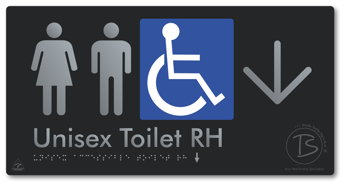Unisex Accessible Toilet RH with Large Directional Arrow - Braille Tactile Signs Aust.