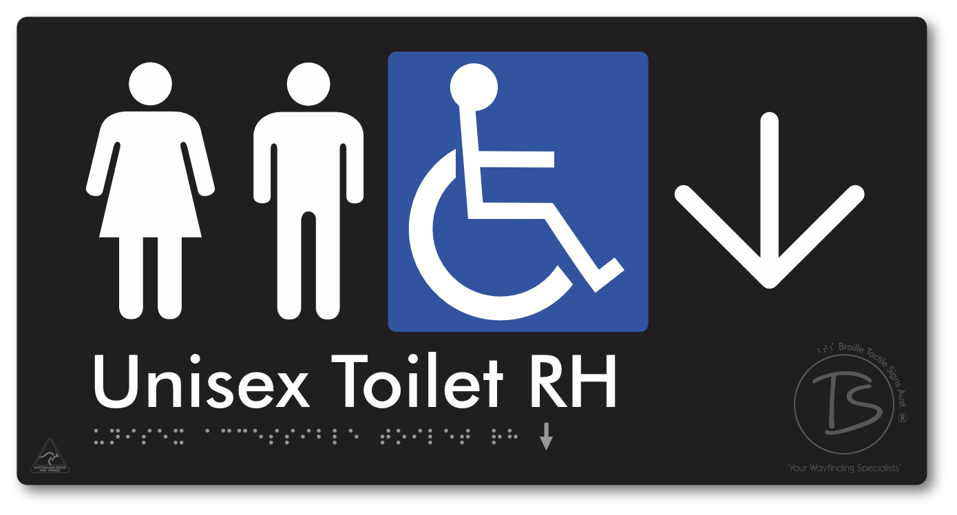 Unisex Accessible Toilet RH with Large Directional Arrow - Braille Tactile Signs Aust.