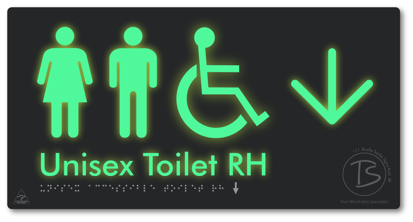 Unisex Accessible Toilet RH with Large Directional Arrow - Braille Tactile Signs Aust.