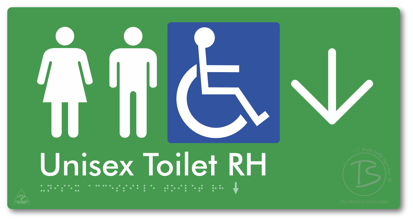 Unisex Accessible Toilet RH with Large Directional Arrow - Braille Tactile Signs Aust.