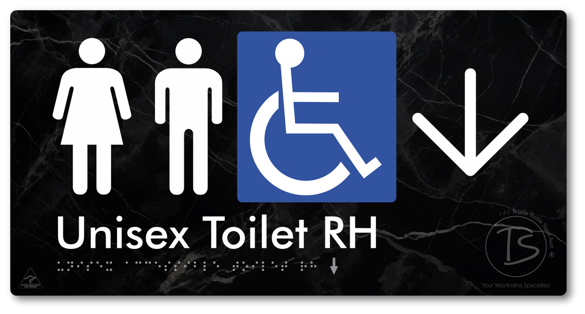 Unisex Accessible Toilet RH with Large Directional Arrow - Braille Tactile Signs Aust.