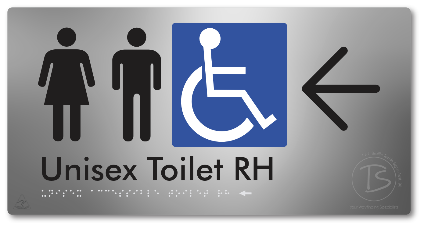 Unisex Accessible Toilet RH with Large Directional Arrow - Braille Tactile Signs Aust.