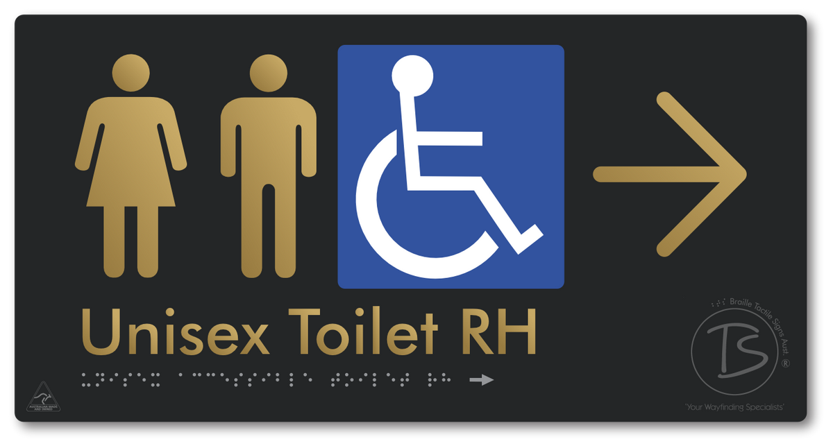 Unisex Accessible Toilet RH with Large Directional Arrow - Braille Tactile Signs Aust.