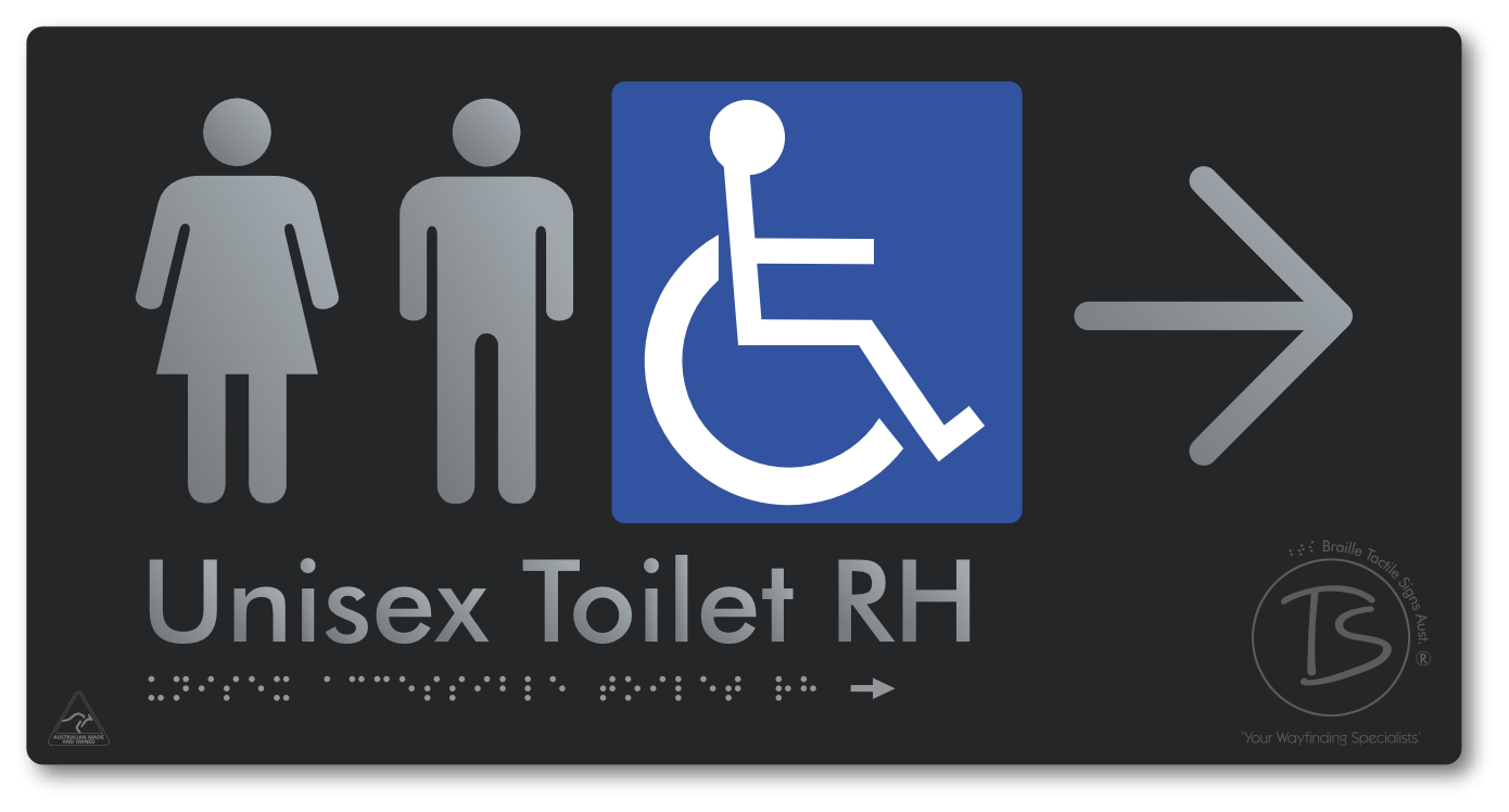 Unisex Accessible Toilet RH with Large Directional Arrow - Braille Tactile Signs Aust.