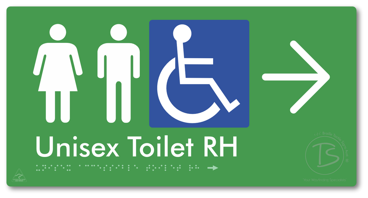 Unisex Accessible Toilet RH with Large Directional Arrow - Braille Tactile Signs Aust.